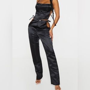 PRETTY LITTLE THING BLACK SET Black Satin Strappy Back Crop Top/ PANTS